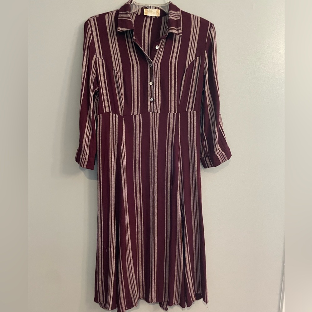 Altar’d State Striped Button Down Burgundy Retro Pin Up Midi Dress - Picture 7 of 11